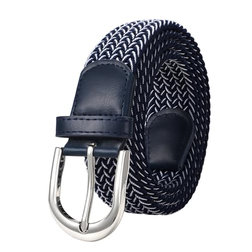 JasGood Cinturón elástico de lona trenzada Cinturón informal elástico para hombres y mujeres, Azul oscuro/blanco+hebilla plateada, 100cm: Für Größe 66cm-79cm