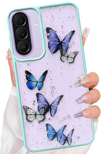 Image of VONZEE for Samsung Galaxy A37 Clear Glitter Butterfly Case, Cute Bling Sparkle Shiny Soft Silicone TPU Bumper Shockproof Women Girls Slim Protective Phone Cover for Samsung Galaxy A37, Mint
