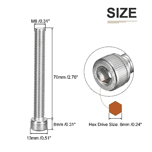 DTGN M8x70mm Socket Head Cap Screws Bolts, 10Pcs 304 Stainless Steel 18-8, Metric Machine Hex Socket Screw, Hex Drive - Image 2