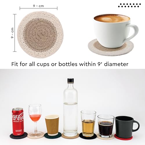 Image of Encasa XO Drink Coasters Set of 12 | Beige & Off White with Round (9 cm) | Handcrafted Ribbed Cotton | Absorbent & Heat-Resistant | Use for Tea, Coffee Table & Desk