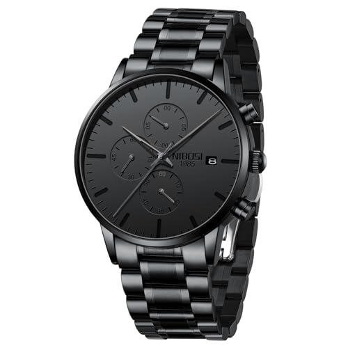 Image of NIBOSI Men's Watches Analog Minimalist Black Dial Watch for Man Business Chronograph Casual Watches Stainless Steel Strap Date