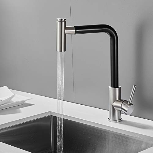 OUGOO Single Handle Black+Brushed Pull Out Kitchen Faucet,Single Level Stainless Steel Kitchen Sink Faucets with Pull Down Sprayer OUGOO Single Handle Black+Brushed Pull Out Kitchen Faucet,Single Level Stainless Steel Kitchen Sink Faucets with Pull Down Sprayer