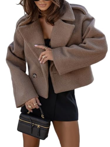 Onsoyours Damen Kurz Tweed Jacke Langarm Revers Trenchcoat Mantel Lässiger Blazer Elegante Parka Coat Herbst Winter Outwear Manteljacke mit Knopfleiste A Braun M