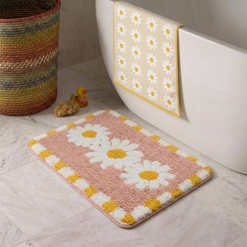 Image of Dream Weaverz 2000 GSM Super Soft Microfiber Bath Mat 40x60 cm | Ultra Absorbent Anti-Skid Quick Dry Bathroom Rug | Floor Mat for Bathroom, Bedroom, Kitchen, Home | Cute Design Bathmat (Peach Flower)