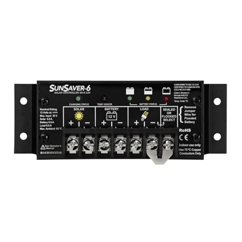 Morningstar SunSaver 6A PWM Solar Charge Controller (SS-6-12V) - Intelligent Solar Panel Regulator for 12V Batteries, Four Stage Battery Charging, HazLoc Rated, Low Noise, 5 Year WTY - Designed in USA