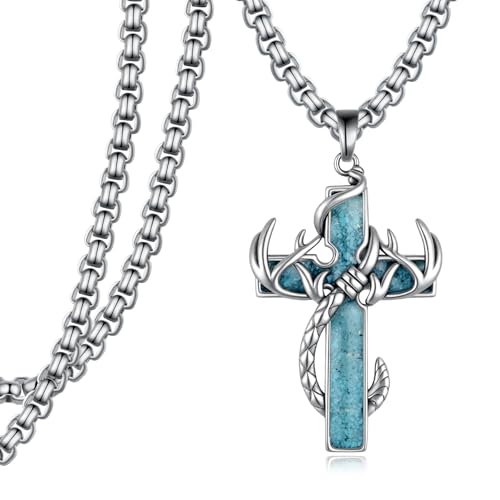 Antlers Cross Necklace 925 Sterling Silver Fish Hook Necklace Turquoise Cross Jewelry Gifts for Men