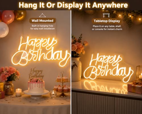 Image of Quace Happy Birthday LED Neon Sign, Warm White Neon Light for Birthday Decoration, Wall Hanging & Table Display, Acrylic LED Party Light with Adapter, 40.6 x 20.3 cm for Home, Events & Photo Backdrop