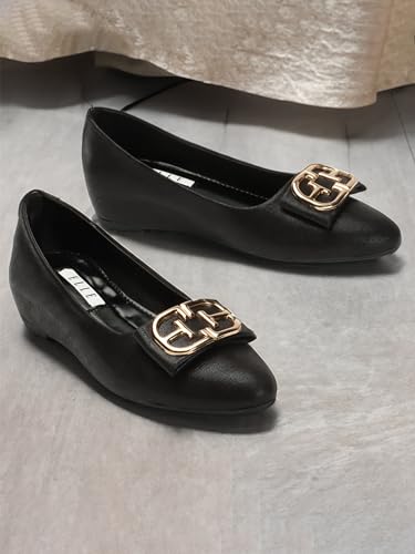 Image of ELLE Women's Wedge Heel Slip-On Bellies with Statement Buckle