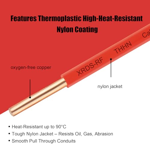 Image of THHN Wire 100 FT, Single Bare Copper Conductor, 10AWG Red Electrical Wire, Solid Building Wire 600V Nylon Sheath Cable for Indoor /Outdoor Applications