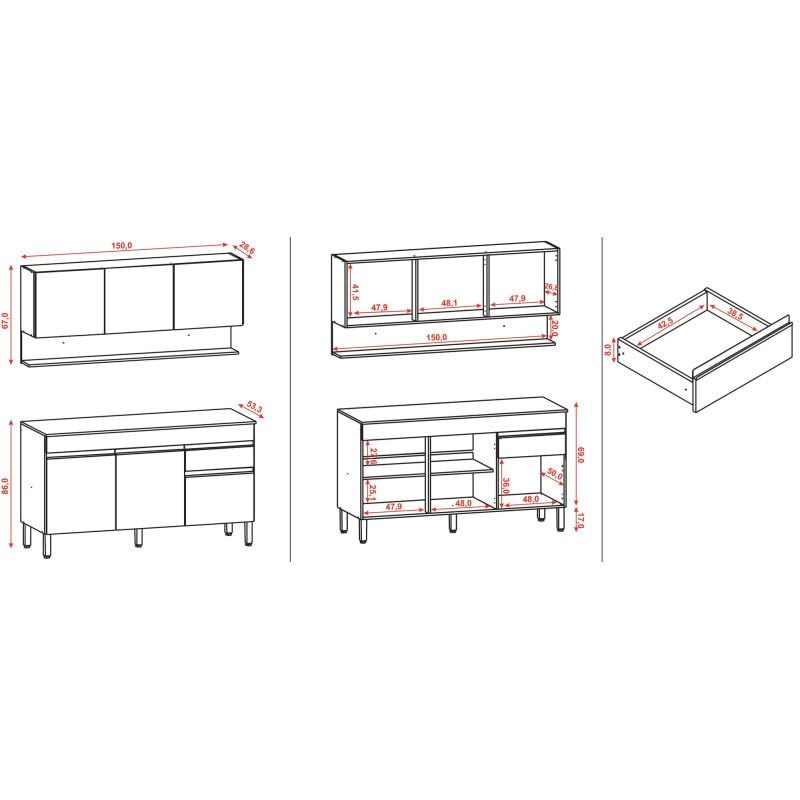 Fitted Kitchen 6 Doors 1 Drawer Oak and White L 150 H 200 P 21 in
