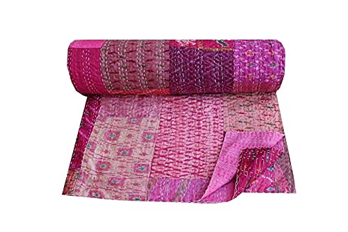 Rajbhoomi Handicrafts Indian Patchwork Kantha Quilt,Throw Handmade Silk Patola Kantha Bed Cover,King Size Reversible Bedding Bedspread,Vintage Hand Stitch Gudri,(Pink Color) #TOP8