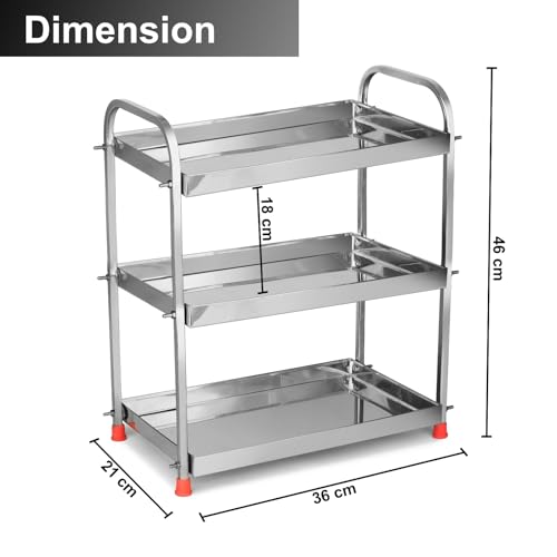 Image of Stainless Steel 3-Tier Storage Rack for Kitchen, Bathroom & Vanity, Multipurpose Shelf Organizer for Jars, Spices, Toiletries & Cosmetics Stand, Countertop Stand