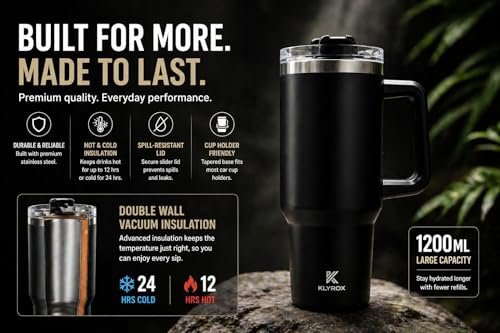 Image of 1200ml Stainless Steel Tumbler with Handle and Straw | Leak Proof Travel Mug | BPA Free Reusable Drinking Cup for Office, Travel, Gym & Car (Black) | Large Water Tumbler Bottle, Leak Resistant Sipper Cup, Reusable Travel Tumbler, BPA Free Lid