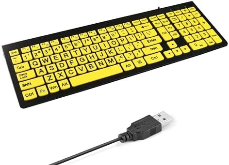 HXMJ-Large Print Computer Keyboard | Quiet Scissor Switch | Full Size | Wired USB High Contrast Keyboard with Oversized Letters for Seniors and Visually Impaired Low Vision Individuals-Yellow