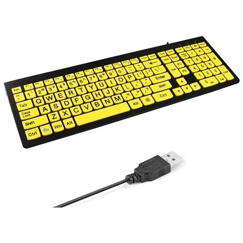 HXMJ-Large Print Computer Keyboard | Quiet Scissor Switch | Full Size | Wired USB High Contrast Keyboard with Oversized Letters for Seniors and Visually Impaired Low Vision Individuals-Yellow Cover
