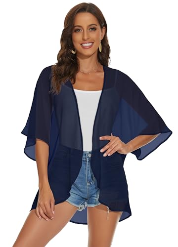 Womens Kimono Cardigans Beach Cover ups Swimwear Puff Sleeve Loose Casual Summer Tops (Dark Blue,2XL) - Image 3