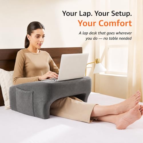 Image of Amazon Basics Memory Foam Lapdesk for Laptop, Ergonomic Laptop Table Pillow for Bed, Wrist Support & Side Pocket, Portable Lap Desk for Work from Home, Study & Travel - Dark Grey