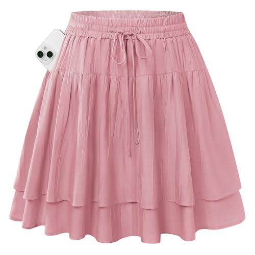 Kate Kasin Damen A Linie Hohe Taille Röcke mit Hose Sommer Casual Fließender Minirock mit Tasche Leicht Rüschen Stufenrock Rosa M