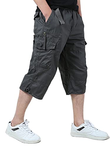 夏 アウトドア カーゴパンツ メンズ ゆったり ショートパンツ 7分丈 無地 マルチポケット クロップドパンツ ミリタリー 綿 Dark grey 2XL