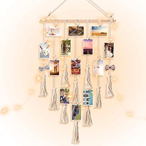 styleonme Frames & Holders Collage Photo Board Light with 30 Clip, Macrame Wall Hanging Boho Bedroom Decor, Teenage Teen Girl Gifts, Birthday Gifts for Grandma, Mom, Women（White） Cover