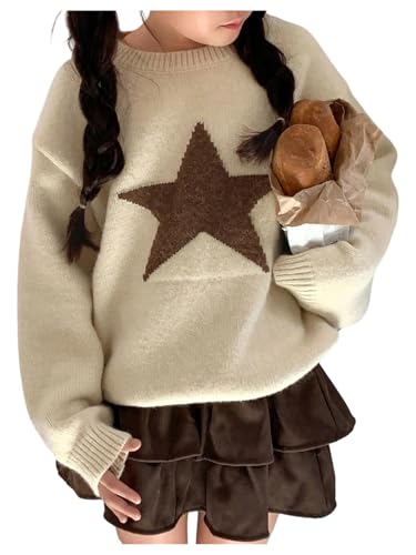 BEAUDRM Girl's Star Graphic Sweaters Cute Crew Neck Long Sleeve Knitted Pullover Jumper Tops Apricot 8Y