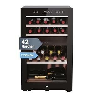 Haier Weinklimaschrank klein 50 SERIE 7 HWS42GDAU1 I 42 Flaschen Weinkühlschrank I Neue Technologie für perfekte Lagerung I Weinkühlschrank 2 Zonen, UV-Glastür & Holzregale I Wi-Fi I Wine fridge
