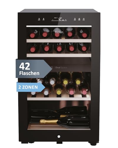 Haier Weinklimaschrank klein 50 SERIE 7 HWS42GDAU1 I 42 Flaschen Weinkühlschrank I Neue Technologie für perfekte Lagerung I Weinkühlschrank 2 Zonen, UV-Glastür & Holzregale I Wi-Fi I Wine fridge