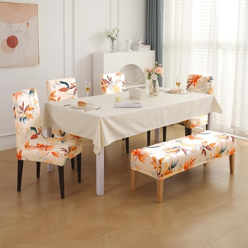 Image of HOKIPO Premium Velvet Cover Set for 4 Dining Chairs + 1 Dining Bench, Amber Serene Flora (AR-5799-D3)