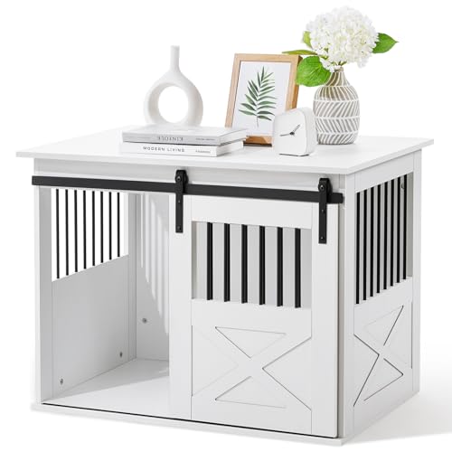 The Fellie Dog Crate Furniture for Samll Dog, Heavy Duty Dog Crate with Sliding Door, Dog Furniture, Dog Kennel Indoor for Small/Medium Dog, Wooden Dog House, End Table, 90x60x66cm, White