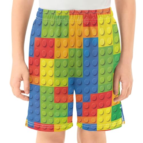 Colorful Building Blocks Athletic Shorts with Zipper Pockets, Youth Boys Athletic Running Shorts for Summer2