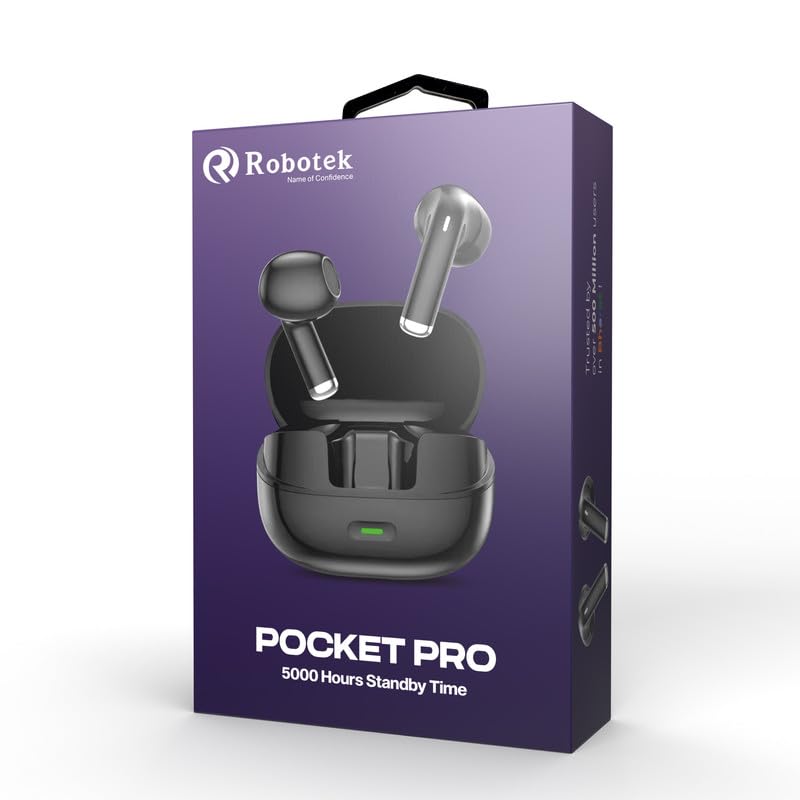 Image of Robotek Pocket Pro True Wireless Earbuds | 5000 Standby Time | Lightweight & Durable Design | IPX5 Water Resistant | 11mm Bass Drivers Ear Buds TWS, Made in India (White)