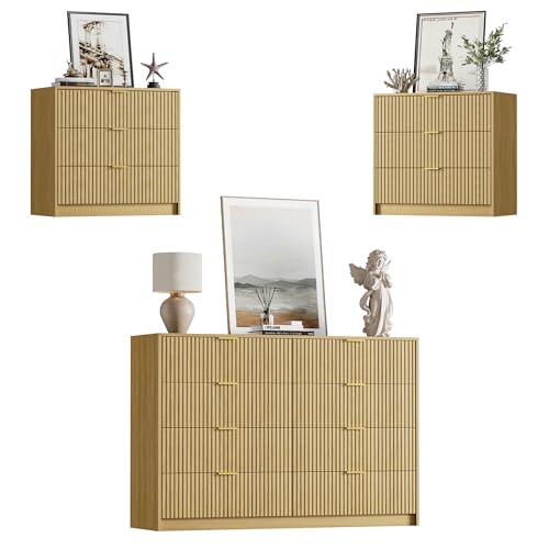 Image of Furniway 3 Piece Bedroom Set, 8 Drawer Dresser and 3-Drawer Nightstand Set of 2 with Gold Handles, Mid-Century Modern Wood Chest of Drawers Storage Cabinet for Bedroom, Natural Oak
