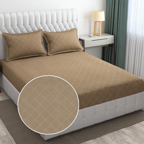 Image of Filymore Double Bed Bedsheet with 2 Pillow Covers, 300 TC Microfiber, Solid Embossed Check Design, Soft & Durable Bedcover 90x95 Inches, Beige, Luxury Bedding for Home & Hotel Use