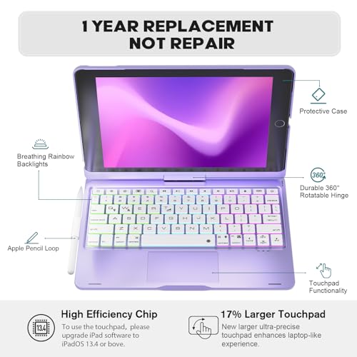 Image of BABG Keyboard Case for iPad 9th Generation, 360 Rotatable Backlit Keyboard with Pencil Holder for 10.2 inch iPad 9th Gen 2021 / 8th Gen 2020 / 7th Gen 2019 and iPad Air 3 / Pro 10.5 inch - Light Purple
