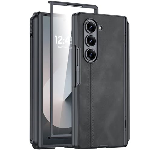 Coque Samsung Z Fold 6 noire en cuir avec porte-stylo et protection d'écran intégrée
