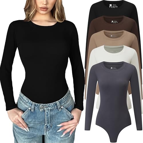 Chongbaijia Langarm-Body für Damen, Rundhalsausschnitt, lässig, dehnbar, Basic-T-Shirt, Bodysuits, Oberteile, 5 Stück, 5-teilig: Schwarz/Weiß/Kaffee/Khaki/Grau, S