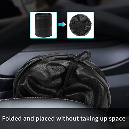 Image of Homelove Collapsible Pop Up PU Leather Trash Can, Portable Leak-Proof Waterproof Car Trash Bin, Multifunctional Organizer Trashcan Storage Bag with Hanging Elastic Strap Loop, Black