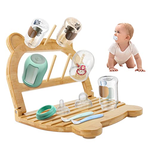Image of Baby Bottle Drying Rack Bamboo, Foldable High Capacity Bottle Drying Rack Space Saving Waterproof Bottle Dryer Holder with Anti-Slip Rubber Pad for Baby Bottle Accessories, Cups, Pacifiers