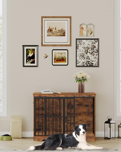 Hzuaneri Hundekäfig Möbel, 110cm Hundebox, 2 Türen, Moderne Hundekäfig Indoor für kleine/mittlere/große Hunde bis 100 kg, Beistelltisch, Verstärkte Schiebetür, 65 × 110 × 81 cm, Vintagebraun DFC84401B