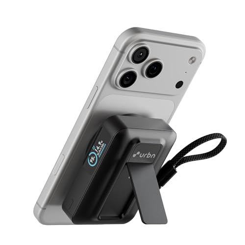 Image of URBN 10000mAh Flux Qi2 MagSafe Power Bank with Ai Powered Smart TFT Display | 15W Magnetic Fast Wireless Charging | 20W USB-C in-Built Cable for Charge & Recharge | Travel Friendly (Black)