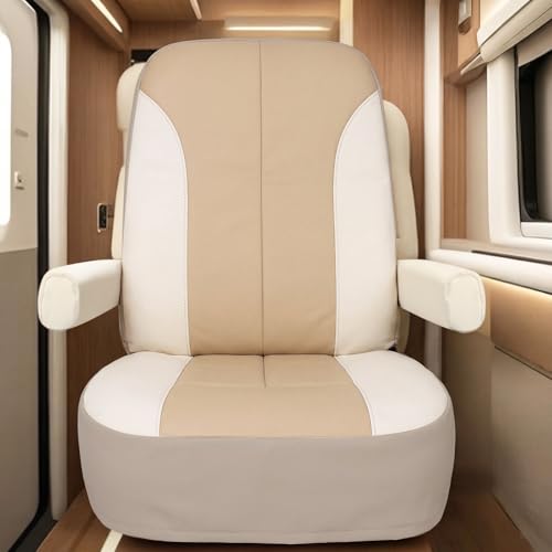 DaisyInner 2 Pack RV Seat Covers for Captains Chairs Motorhome Seat Cover with Side Pockets Waterproof Faux Leather Car Seats Cushion with Armrest Covers Khaki and Beige