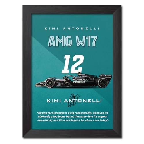 Image of TenorArts Kimi Antonelli Poster Frame F1 Racing Car Mercedes W17 Formula One Photo Framed Painting with Matt Finish Black Textures (12 inches x 9inches)