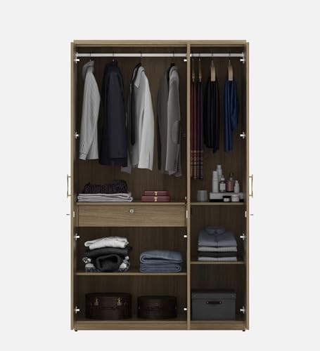 Image of Mintwud Pepperfry Engineered Wood Wardrobe with 3 Doors Storage and 2 Hanging Rod | Wooden Almirah Cupboard for Clothes Storage Organizer for Living Room Home Bedroom Furniture (Cream Finish)