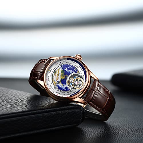 Aesop Tourbillon Mechanical Watches for Men 3D Earth Enamel Dial Hand Wind Analog Wristwatches Stainless Steel Sapphire Waterproof Luminous Dress Business Men Watch with Leather Strap E01