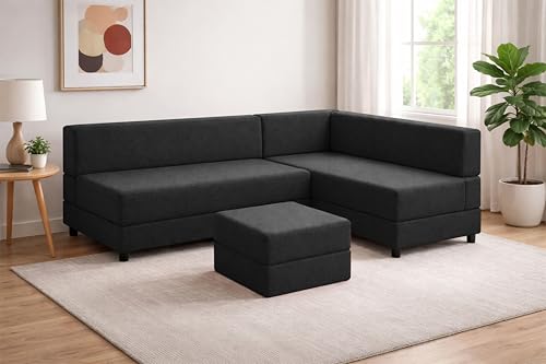 Image of Leg Sofa Cum Bed with Ottoman | Jute Fabric | Multipurpose Folding 3 Seater Sofa Bed 5x6 Ft for Living Room | Space Saving Furniture | Modern Design - Black