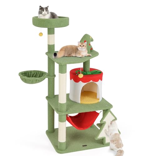 PETSITE 52 inch Christmas-Themed Cat Tree, Multi-Level Cat Tower with Sisal Scratching Posts & Board, Cat Condo, Basket Bed, and Detachable Hammock, Cute Cat Tree for Indoor Cats