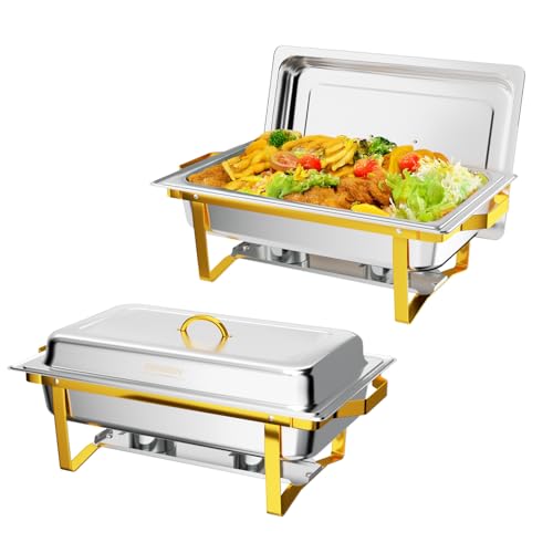 ROVSUN Chafing Dishes for Buffet 2 Pack, 9QT Chafing Dishes [Elegant Gold & Silver] with Rolled-Edge Design, Catering Chafer Warmer Set with Folding Frame for Party Wedding Banquet