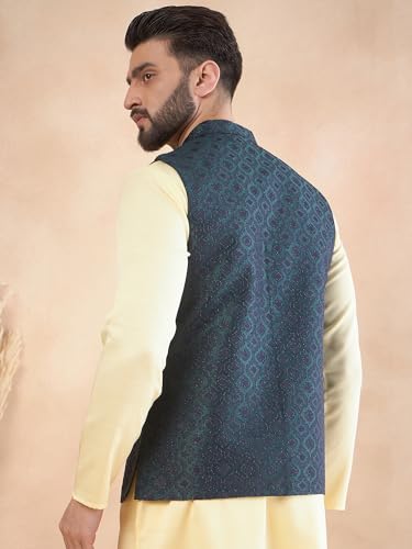 Image of Amazon Brand - Tavasya Mens Woven Design Mandarin Collar Nehru Jackets | Sleeveless Jacket | Ethnic Wear