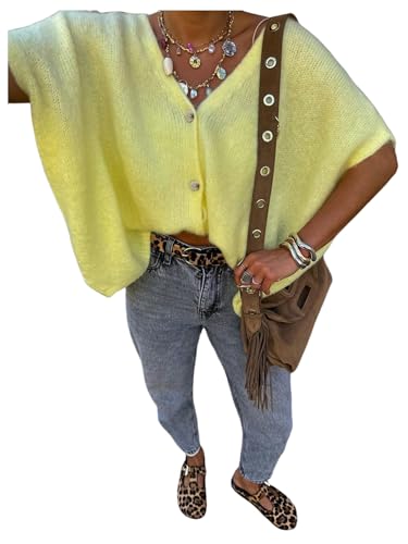 GORGLITTER Women's Oversized Button Up Cardigan Sweaters Short Sleeve V Neck Casual Fall Knit Tops Trendy 2025