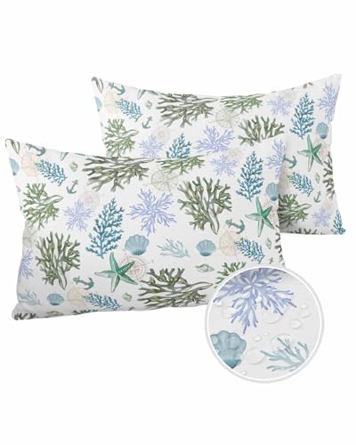 Boanket Lumbar Pillow Covers 12 x 20 in, Sage Green Teal Coastal Waterproof Throw Pillow Cover Set of 2, Beach Coral Starfish Nautical Home Decorative Rectangle Cushion Covers for Patio/Couch/Garden